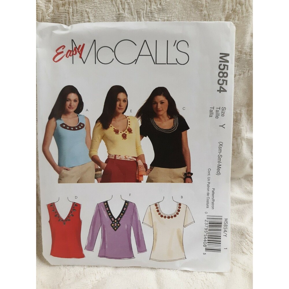 Easy McCall's Sewing Patterns M5854 sizes xs-med Misses Top with Embellishments